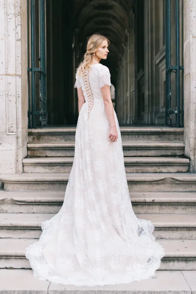 tea length white lace dress with sleeves Victoria 3/4 Sleeves Vintage Lace Tea Length Bridal Dress with Pockets main image 1